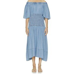 Misa Blue Off-Shoulder Smocked Denim Midi Dress With Puff Sleeves Small NWT